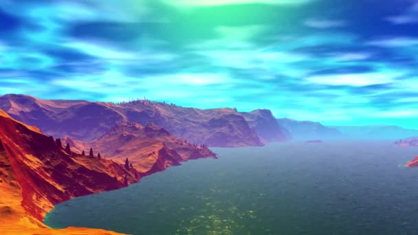 Alien Planet Berg Und Wasser Animation Panorama — Stockvideo