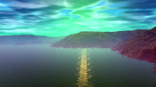 Alien Planet. Montagne et eau. Animation. Panorama. 4K 