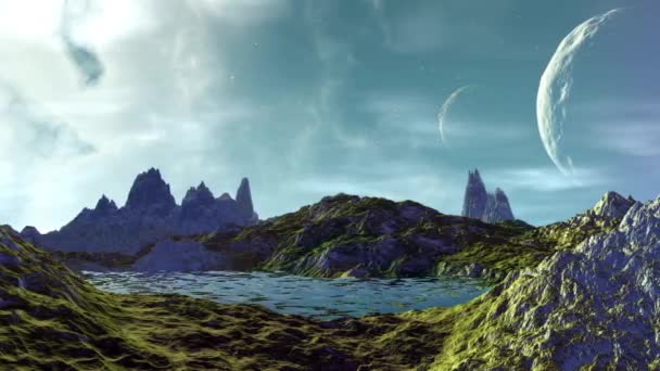 Alien Planet Mountain Water Animation Panorama — Stock Video