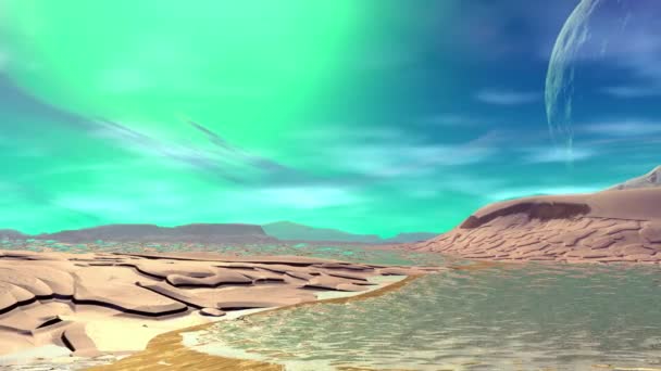 Alien Planet. Montagne et eau. Animation. Panorama. 4K 