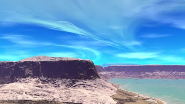 Alien Planet. Montagne et eau. Animation. Panorama. 4K 