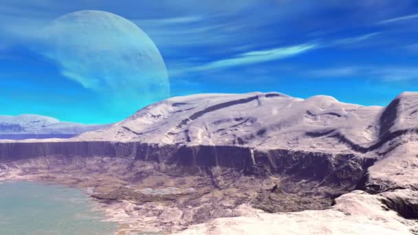 Alien Planet. Montagne et eau. Animation. Panorama. 4K 