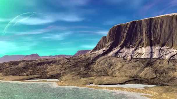 Alien Planet. Montagne et eau. Animation. Panorama. 4K 
