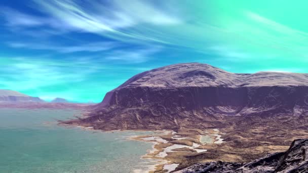Alien Planet. Montagne et eau. Animation. Panorama. 4K 