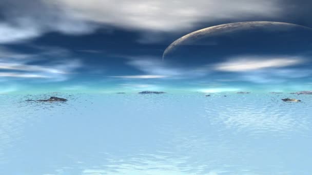 Alien Planet. Montagne et eau. Animation. Panorama. 4K 