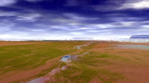 Buitenaardse Planeet Berg Water Regen Animatie Panorama — Stockvideo