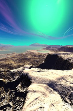 Uzaylı Gezegeni. Dağ ve gökyüzü. 3d render 