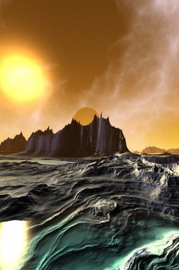 Uzaylı Gezegeni. Dağ ve gökyüzü. 3d render 