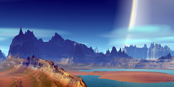 Fantasy alien planet. Mountain and sky. 3D illustration