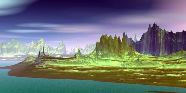 Buitenaardse planeet. Berg en lucht. 3D-rendering — Stockfoto