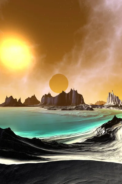 Планета пришельцев. Гора и небо. 3D рендеринг — стоковое фото