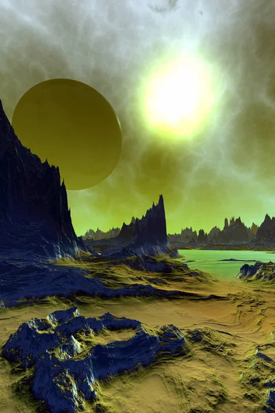 Alien Planet. Mountain and  sky. 3D rendering — Stock Photo, Image