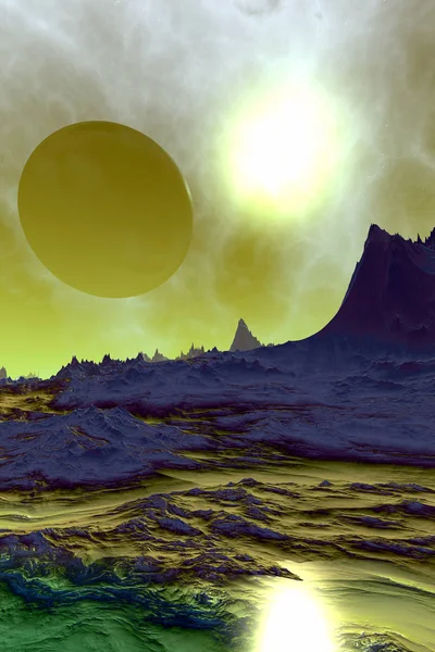 Planeta Extraterrestre. Montaña y cielo. Renderizado 3D —  Fotos de Stock