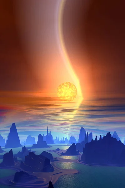 Alien Planet. Mountain and  sky. 3D rendering — Stock Photo, Image