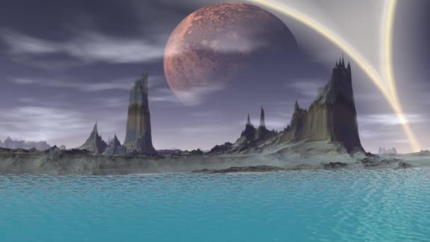 Planète extraterrestre fantastique. Montagne et eau. Animation. Panorama. 4K 