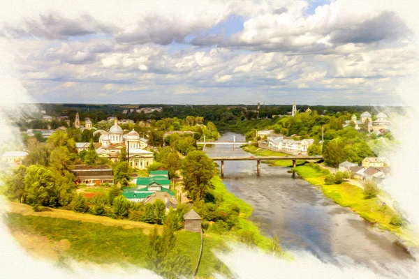Panorama der Stadt Torzhok. Nachahmung des Bildes — Stockfoto