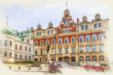 Resmin taklidi. Vyborg Şehri. Eski Belediye Binası Meydanı