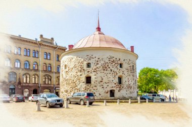 Resmin taklidi. Vyborg Şehri. Pazar Meydanı. Yuvarlak Towe