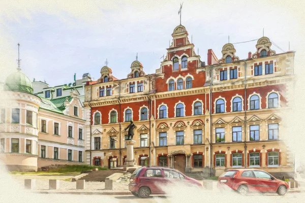 Imitatie van de foto. Stad Vyborg. Oude Stadhuisplein — Stockfoto