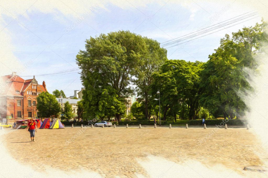 Imitation of the picture. Market Square in Vyborg