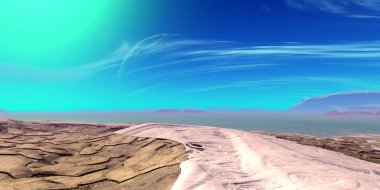 Yabancı gezegen. Dağ ve su. 3D render 