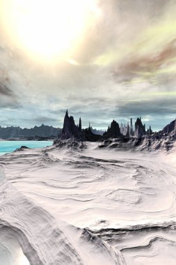 Yabancı gezegen. Dağ ve su. 3D render 