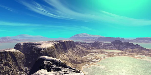Buitenaardse planeet. Berg en water. 3D-rendering — Stockfoto