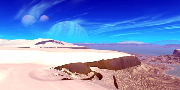 Alien Planet. Montagne et eau. rendu 3D — Photo
