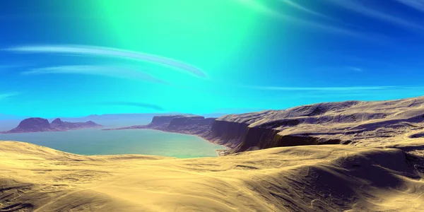 Alien Planet. Mountain and  water. 3D rendering — Stock Photo, Image