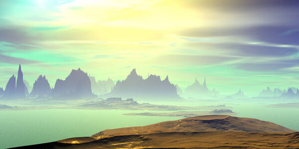 Fantasy alien planet. Mountain and water. 3D illustration