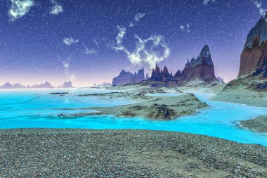 Uzaylı Gezegeni. Dağ ve göl. 3d render 