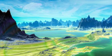 Uzaylı Gezegeni. Dağ ve göl. 3d render 