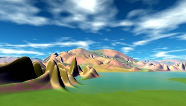 Uzaylı Gezegeni. Dağ ve göl. 3d render 