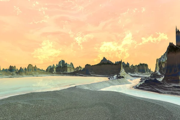 Planeta Alienígena. Montanha e lago. Renderização 3D — Fotografia de Stock