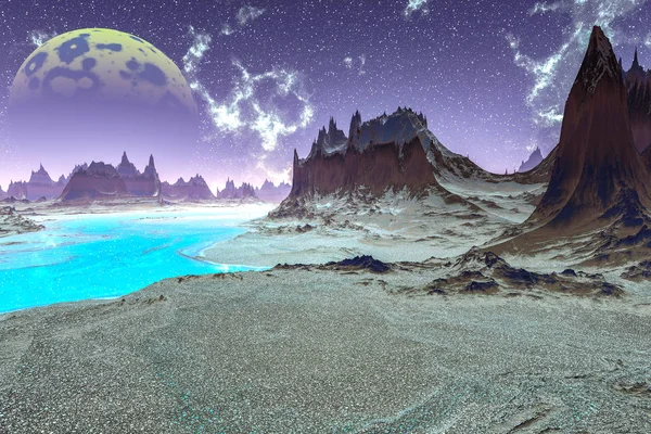 Alien Planet. Mountain and lake. 3D rendering — Stock Photo, Image