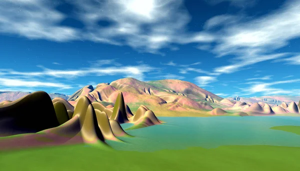 Alien Planet. Mountain and lake. 3D rendering — Stock Photo, Image