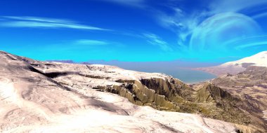 Fantezi uzaylı gezegeni. Dağ ve göl. 3B illüstrasyon