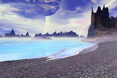 Fantezi uzaylı gezegeni. Dağ ve göl. 3B illüstrasyon