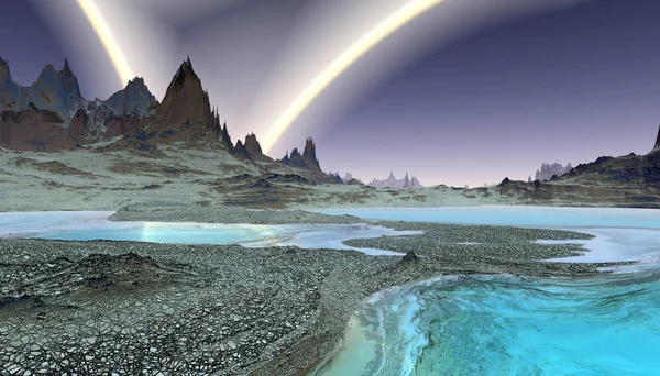 Fantasy Alien Planet Mountain Lake Illustration — Stock Photo, Image