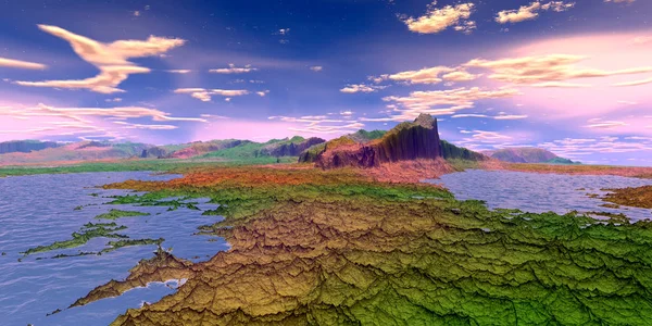 Planeta Alienígena. Montanha e lago. Renderização 3D — Fotografia de Stock