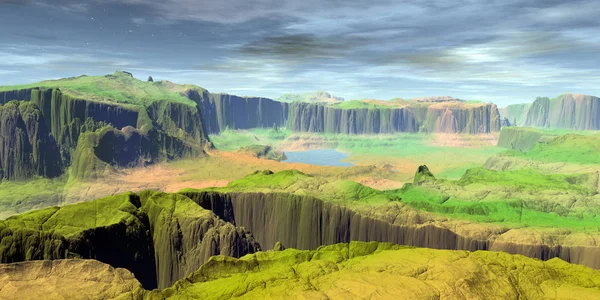 Planeta Alienígena. Montanha e lago. Renderização 3D — Fotografia de Stock