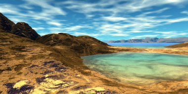 Uzaylı Gezegeni. Dağ ve göl. 3d render 