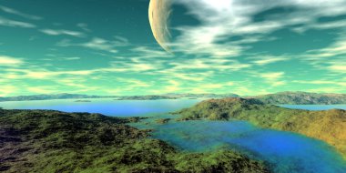 Uzaylı Gezegeni. Dağ ve göl. 3d render 