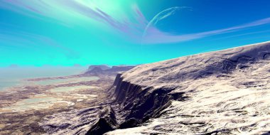 Uzaylı Gezegeni. Dağ ve göl. 3d render 