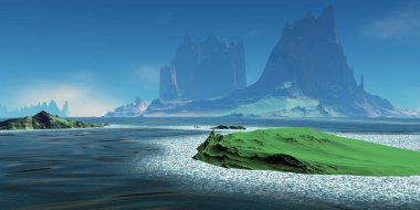 Uzaylı Gezegeni. Dağ ve göl. 3d render 