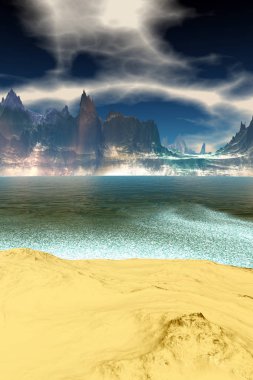 Uzaylı Gezegeni. Dağ ve göl. 3d render 