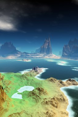 Uzaylı Gezegeni. Dağ ve göl. 3d render 