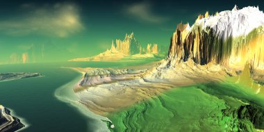 Uzaylı Gezegeni. Dağ ve göl. 3d render 