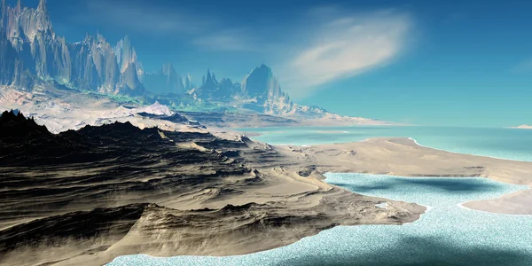 Alien Planet. Mountain and lake. 3D rendering — Stock Photo, Image