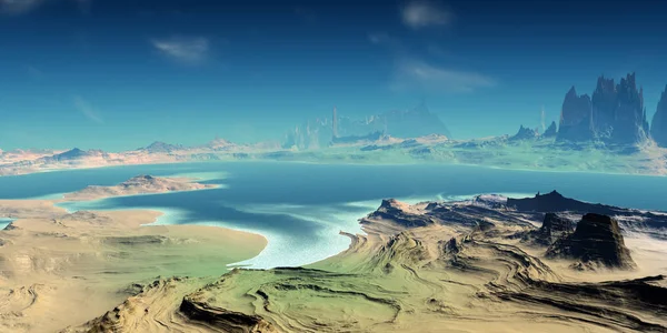 Alien Planet. Mountain and lake. 3D rendering — Stock Photo, Image